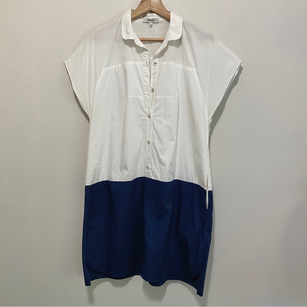 Madewell Blue/White Colorblock Collared Short Sleeve Dress, Size Large
